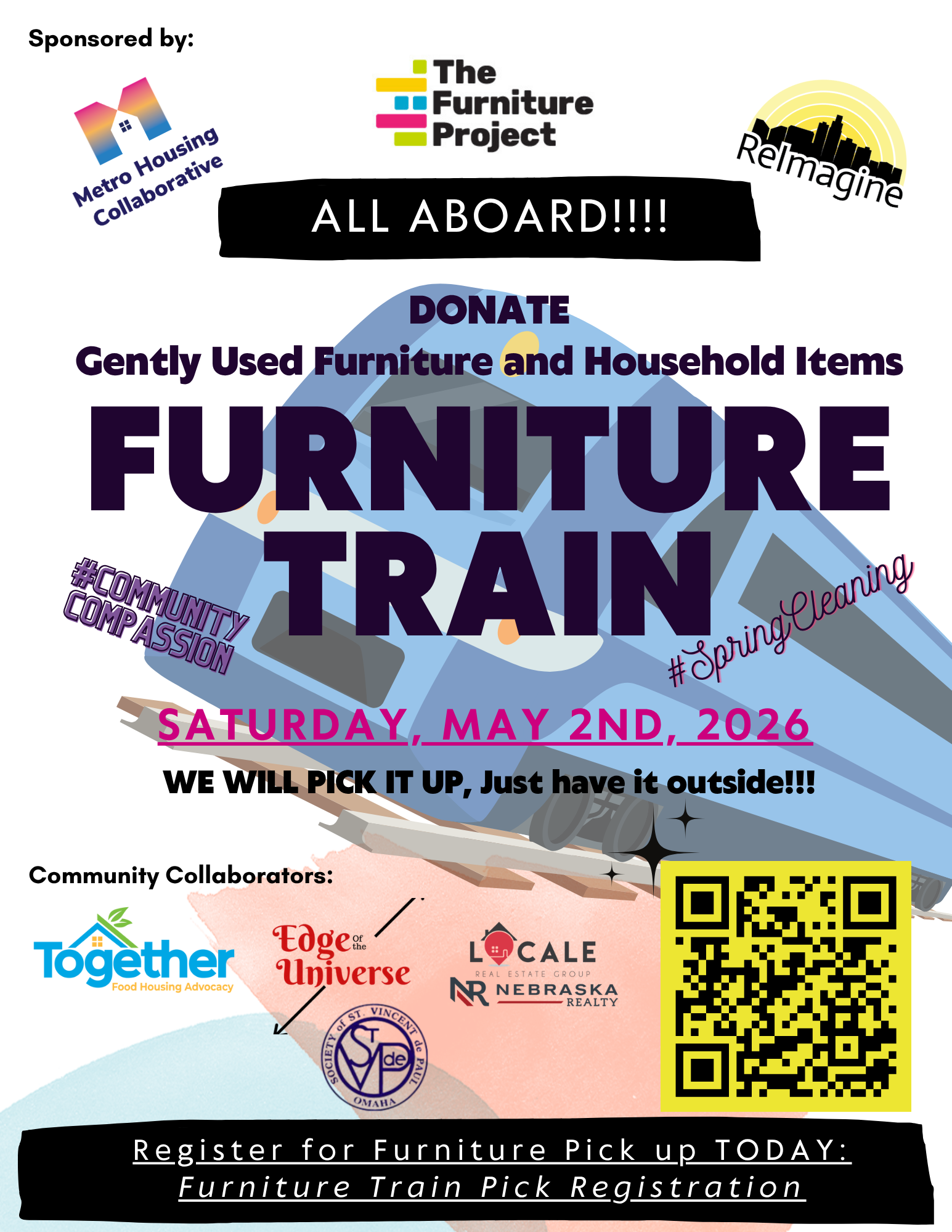 Furniture Train donation drive flyer for AMay 2, 2026, hosted by Metro Housing Collaborative and partners.